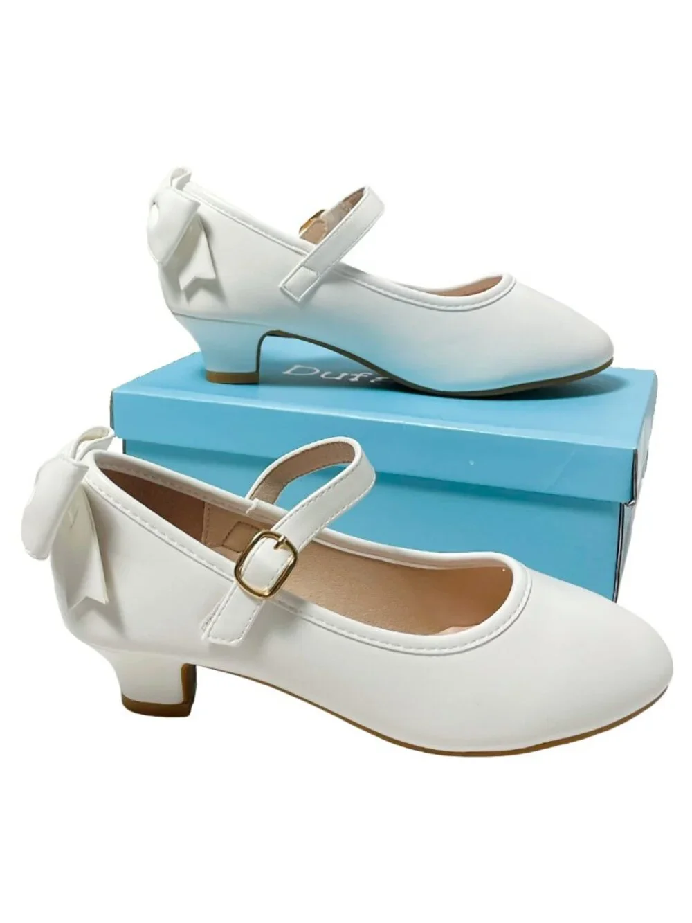 Girls White Flower Girl Heels Bow Back Mary Jane Dress Shoes Size 3